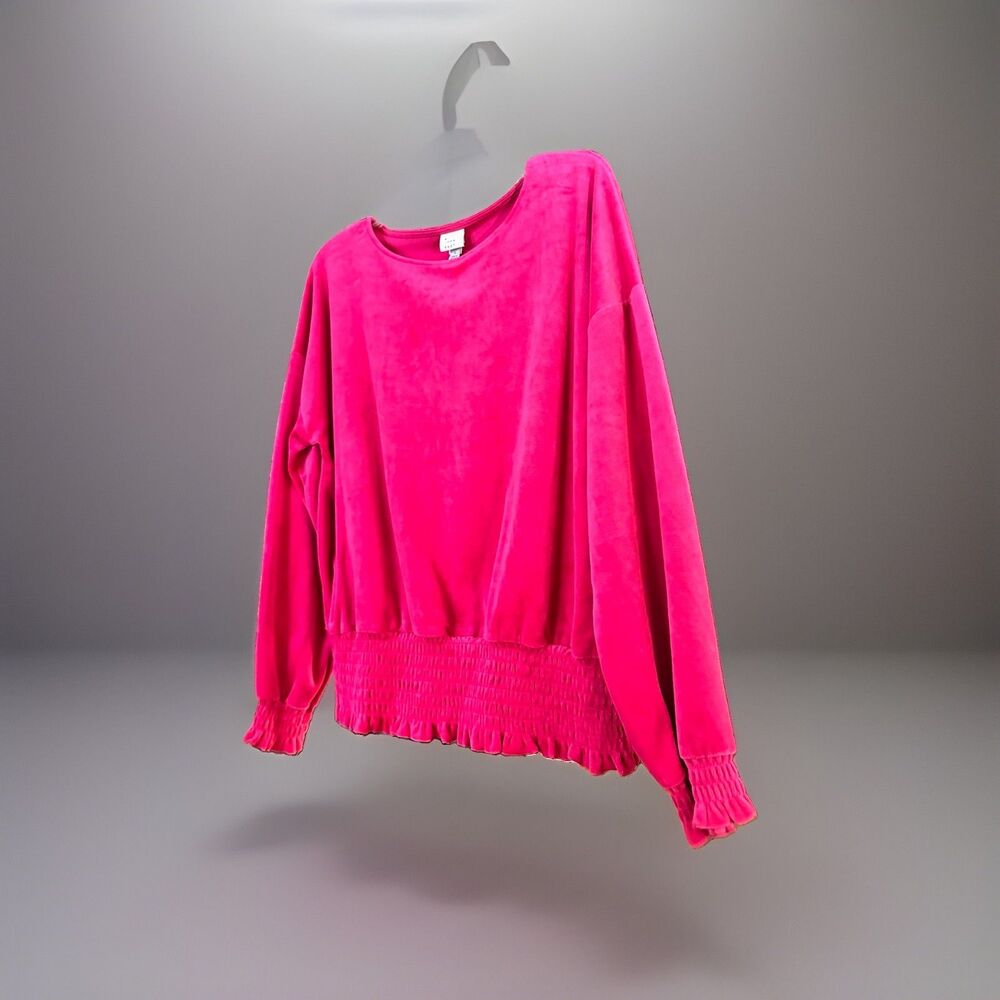 A New Day Sz L Womens Long Sleeve Boat Neck Velvet SmockedBlouse Dark Pink